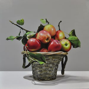 Still life with apples, Made to Order, Basket painting, Oil on Canvas Painting, Original and Handmade Art, Hyperrealism, Realistic Fruit Art