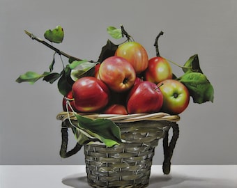 Still life with apples, Made to Order, Basket painting, Oil on Canvas Painting, Original and Handmade Art, Hyperrealism, Realistic Fruit Art