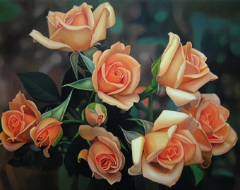 Roses, Yellow flowers, Yellow roses, Flower painting, Orange flower, Canvas painting, Hyperrealism painting, Realism flowers, Bunch of roses