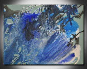 May include: Abstract painting featuring swirling blue, black and white paint. The colours blend together to create a dynamic and energetic composition.