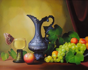 Still life with fruits, Grapes painting, Glass, Vase, Hyperrealism, Realism, Ready to hang, Original Oil, Canvas, Fruit, Food, 19.7 x 27.6in