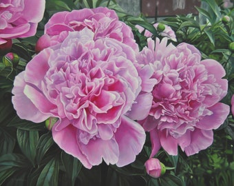 Gran pintura al óleo de peonías rosas, arte floral hiperrealista (31,5 x 39,4 pulgadas)