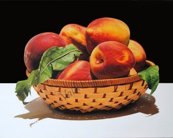 Peaches painting, Still life painting, Basket, Food painting, Fruit painting, Red ,Black and white, Orange, Canvas painting,19.7 x 27.6 in