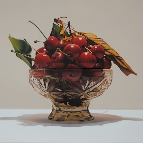 果物のある静物画、ブドウの絵画、ガラス、花瓶、ハイパー