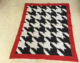 Herringbone wall hanging and throw custom quilted red black and white