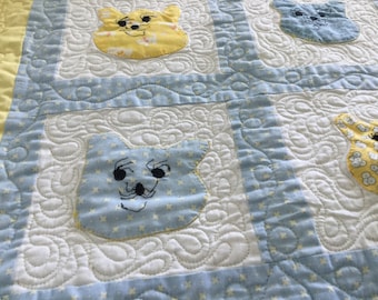 Baby blanket for boy or girl unisex. Custom heavy quilting and hand appliqued 41 x 53