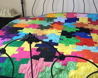 Quilted Puzzle multi colored crayon king coverlet,!. One of a kind Hand made beautiful quilting.