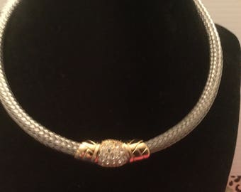 Choker style, gold tone, rhinestones, braided mesh over wire choker