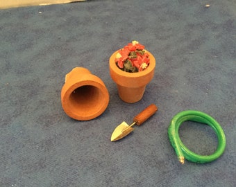 Gardening tools for doll house hose and flower pots  and spade shovel