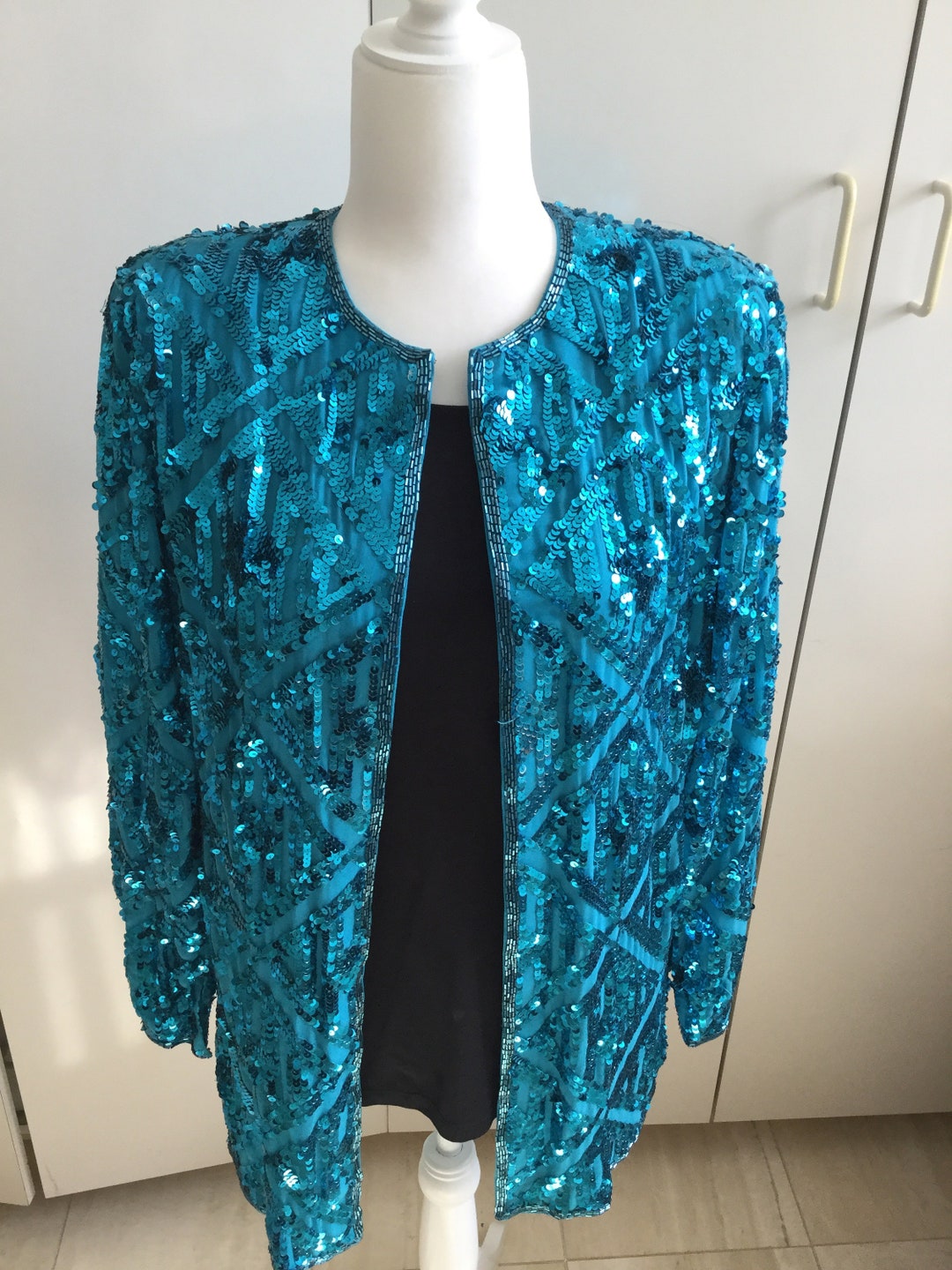 Turquoise Sequin Evening Jacket With Silk Lining Top to Bottom