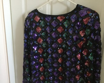 Diamond design sequin  Evening jacket  black,  Burgundy, purple . turquoise and black bugle beads