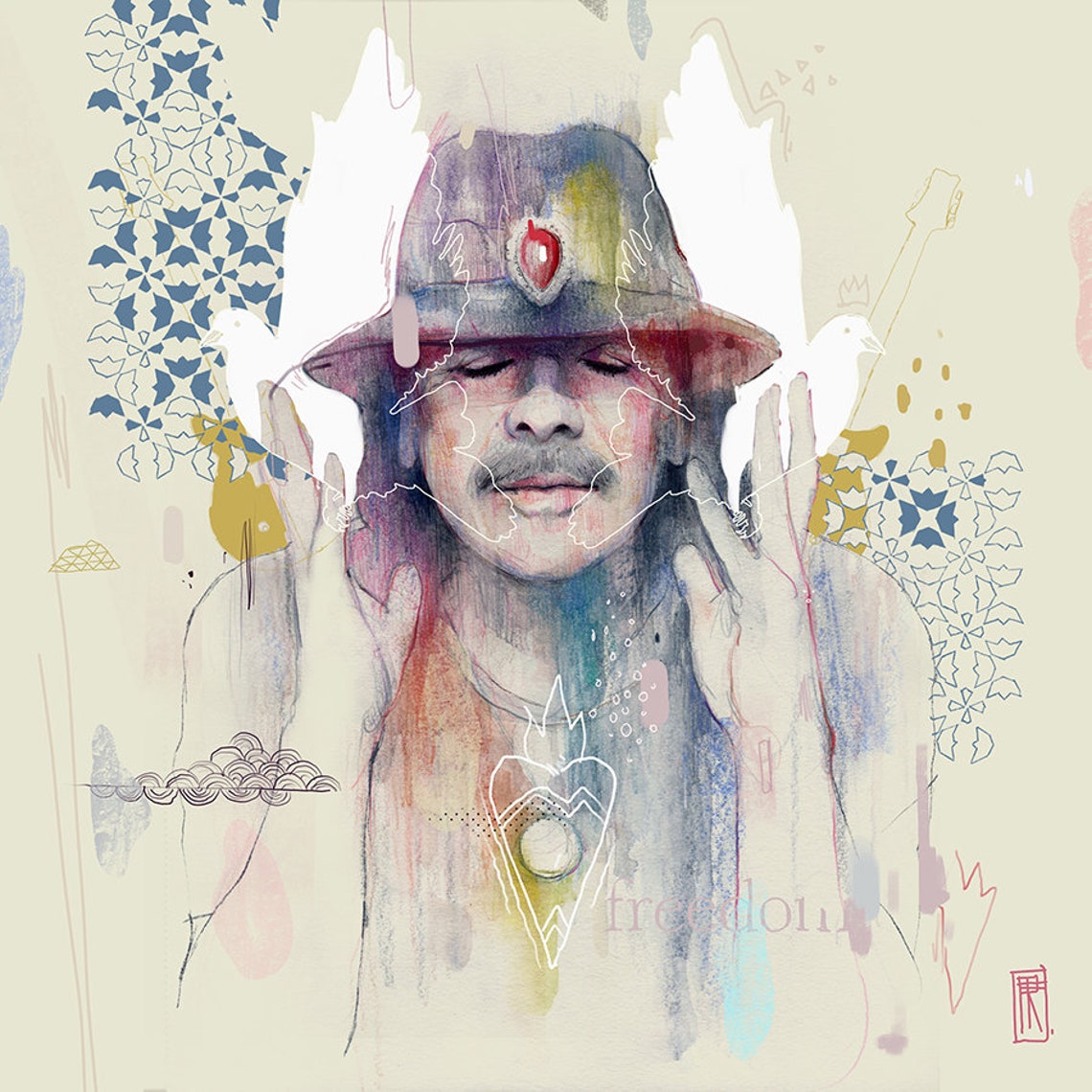 Carlos Santana art print from original watercolor artwork. Etsy