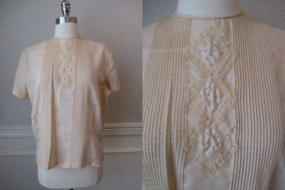 Sz L Morlove Ivory Blouse Pleated Lace French Kno… - image 1