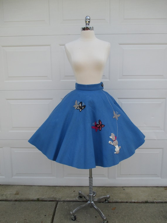 Blue Felt Circle Skirt Poodle & Butterflies Rockab