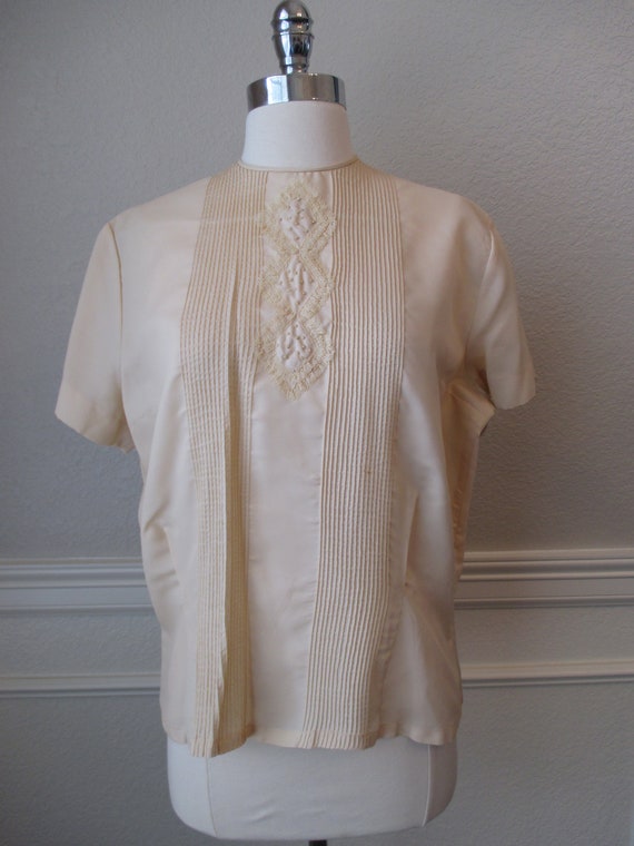 Sz L Morlove Ivory Blouse Pleated Lace French Kno… - image 2