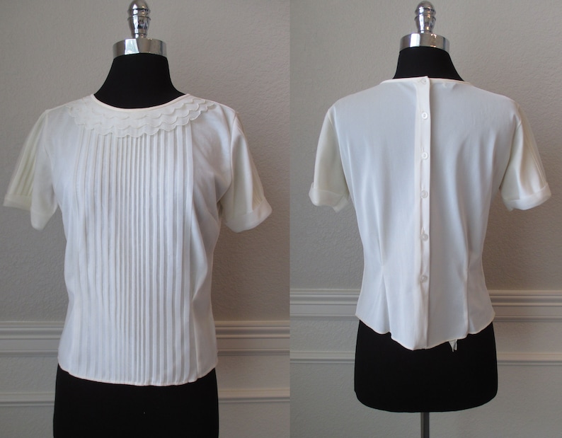 Back Button Pleated Front Sheer Ivory Blouse Ruffled Collar Short Sleeve Shirt Sz S