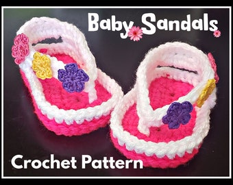 Baby Sandals - Crochet Pattern for size 0-3 month old, flip flops, crochet with 3 flowers, baby shower gift, baby thong sandals
