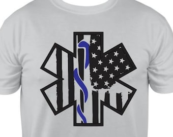 EMS EMT Paramedic T-shirt with American Flag, Title inside Star of Life, EMS Department You Pick Customize - with Custom Dept Personalized