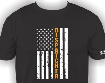 Personalized Dispatcher T-shirt with American Flag, Police Dispatch, Badge Number Sleeve Print, Customizable Dept and Name, Dispatcher