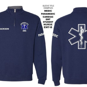 EMT EMS Firefighter Custom Quarter Zip Collar Sweatshirt, Free Personalization, Rescue, Fire, 1/4 Zip Sweatshirt, Work Shirt, Job shirt