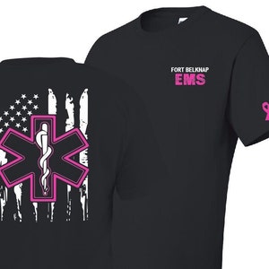 EMS Breast Cancer Awareness - Custom EMT EMS "Stars and Stripes" Pink Star on back, Pink Ems on front (+ Custom Dept) , Pink Ribbon October