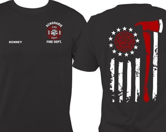 Personalized Firefighter T-shirt with American Flag Maltese Cross, American Flag Sleeve Print, Customizable Dept and Name, Fire Dept