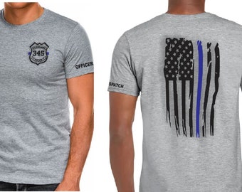 Personalized Police Badge T-shirt, Thin Blue Line, American Flag, Police Shirt, Officer, Police Officer, Department Badge Number and Title