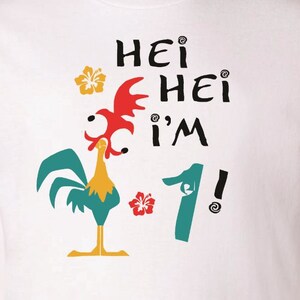 May include: White t-shirt with a cartoon rooster and the text "Hei Hei I'm 1!"