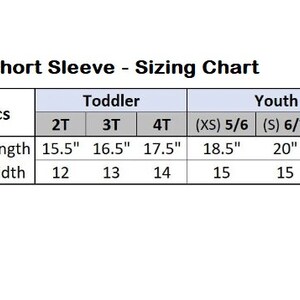 May include: A sizing chart for short-sleeved shirts, showing measurements in inches for toddler and youth sizes. The chart includes body length and body width measurements.