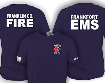 Personalized FIRE/EMS T-shirt with 2 sleeve prints American Flag, Title,  Fire EMS Department Customizable - with Custom Dept