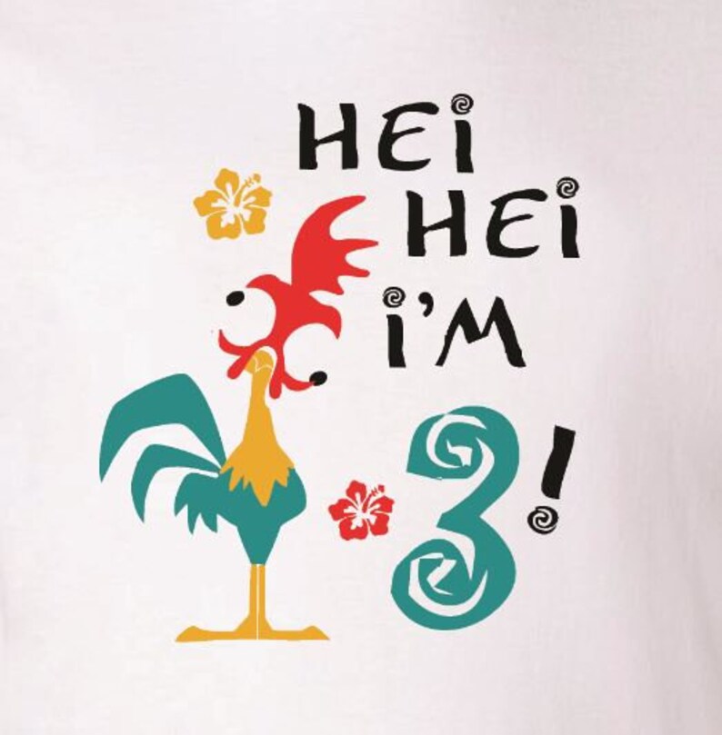 May include: A white t-shirt with a cartoon rooster and the text "Hei Hei I'm 3!" in black. The rooster is red, yellow, and green. There are two yellow flowers on the shirt.