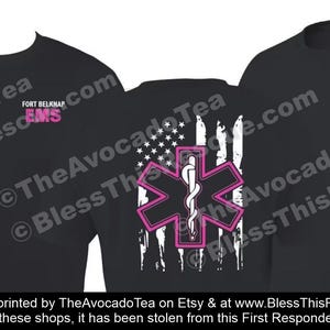 EMS Breast Cancer Awareness - Custom EMT EMS &quot;Stars and Stripes&quot; Pink Star on back, Pink Ems on front (+ Custom Dept) , Pink Ribbon October