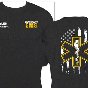 Personalized EMT EMS "Stars and Stripes" T-Shirt - Gold Star and EMS includes Dept (left) and Custom Name/Certification (right), Personalize