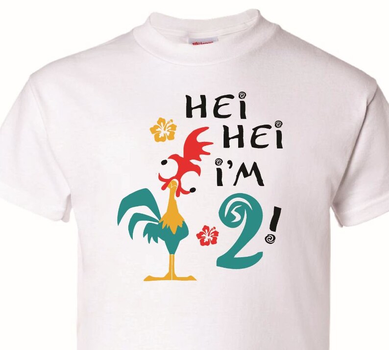 May include: White t-shirt with a cartoon rooster and the text "Hei Hei I'm 2!" printed on it.