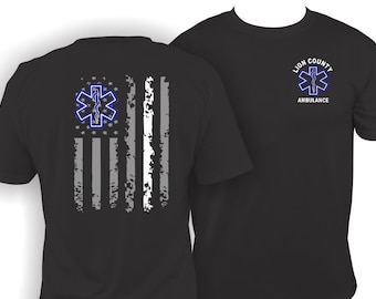 Personalized EMS EMT Paramedic T-shirt with "White Line" American Flag, Title, EMS Department Customizable - with Custom Dept