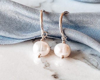 Pearl drop hoop earrings, handmade sterling silver hoops with freshwater Pearl drops,  Gifts for Her