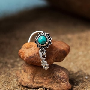 Turquoise Dangle Nose Stud, Sterling Silver Nose Stud, Tribal Nose Stud, Indian Nose Stud, Nostril Piercing, Nose Jewelry, Piercing Nez