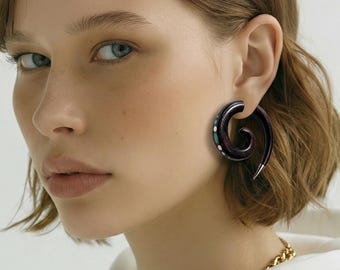 Black Wood Fake Gauge Earrings - Spiral Tribal Jewelry