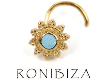 Turquoise Nose Stud, Gold Indian Nose Stud, Tribal Nose Jewelry, Small Nose Piercing 20G, Tiny Nostril, Curved Nose Stud, Nose Screw Stud