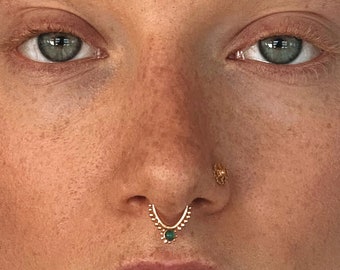 Green Onyx Gem Gold Septum Ring - Septum Jewelry - Septum Piercing - 16G Septum Ring - Indian Septum - Tribal Septum Ring - Tragus (G22)