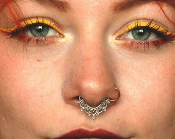 Big Silver Septum, Septum Piercing, Indian Septum Ring, Tribal Septum, Septum Jewelry, 18g Septum Ring, 16g Septum Ring, Mandala Septum Ring