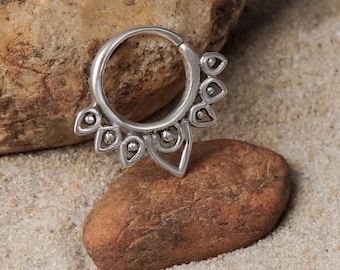 Tribal Lotus Septum Ring – Boho Dot Silver Nose Hoop