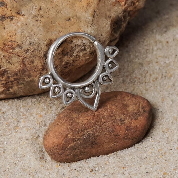 Tribal Lotus Septum Ring – Boho Dot Silver Nose Hoop
