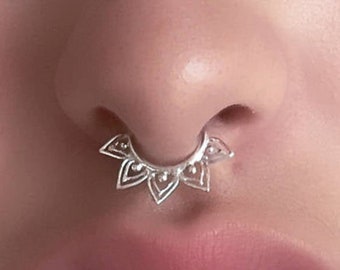 Sterling Silver Tribal Fake Septum Ring, Lotus Faux Septum, Indian Septum Jewelry, Fake Nose Hoop Piercing, Non Piercing Earring (SF24S)