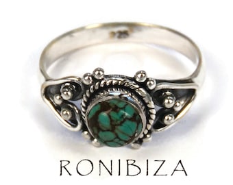 Anillo de turquesa tibetana en plata de ley, estilo bohemio