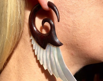 Wood & Mother of Pearl Fake Gauge Earrings - Tribal Style