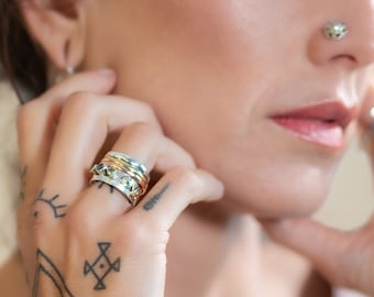 Dip Spinner Ring – 925 Silver Boho Wide Band with Gemstones, Mixed Metal Ring, Statement Ring for Women, Tribal Handmade Jewelry