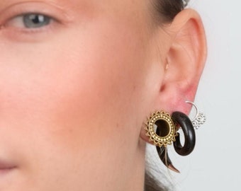 Kishan Fake Gauge Earrings - Brass & Wood Faux Tribal Piercing