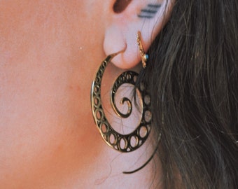 Brass Spiral Hoop Earrings, Tribal Ethnic Style
