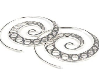 Silver Plated Spiral Hoop Earrings, Tribal Ethnic Style